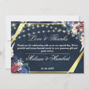 Rustic Blue Flower Gold Wood String Lights Wedding Thank You Card