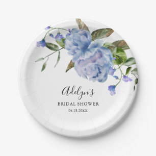 Rustic Blue Flower Greenery Bridal Shower Paper Plate