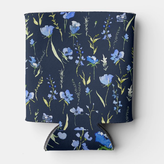 Rustic Blue Flowers: Botanical Illustration. Can Cooler (Front)
