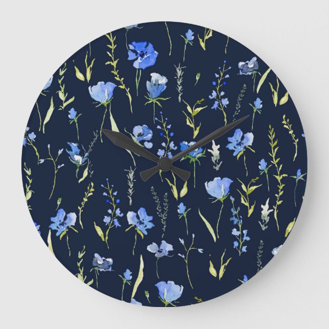 Rustic Blue Flowers: Botanical Illustration. Large Clock (Front)
