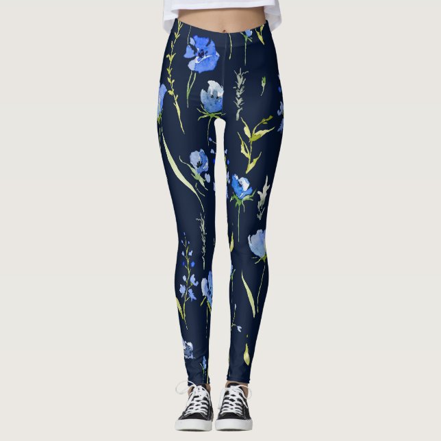 Rustic Blue Flowers: Botanical Illustration. Leggings (Front)