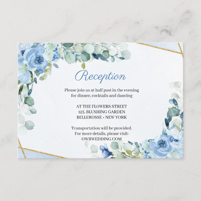 Rustic Blue Flowers Gold Frame Wedding Reception Enclosure Card (Front)