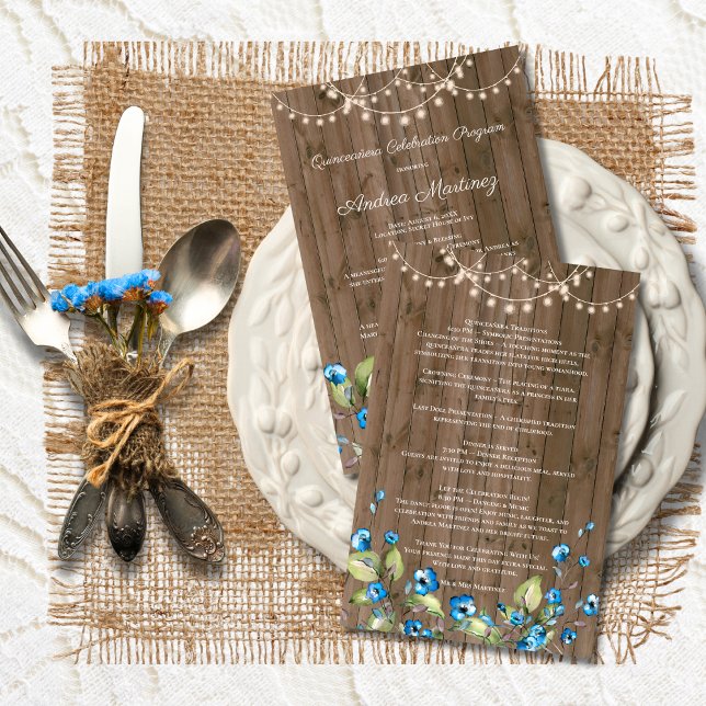 Rustic Blue Flowers Lights Quinceanera Program (Creator Uploaded)
