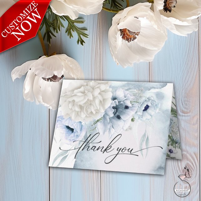 Rustic Blue Flowers White Dahlia Garden Thank You Card (Easy to customize with your details - part of a coordinated wedding suite )