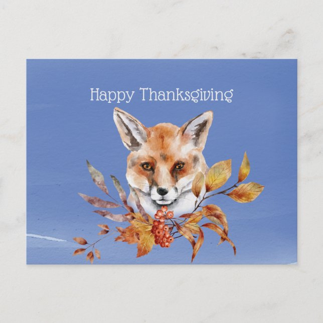 Rustic Blue Fox Autumn Foliage Thanksgiving Holiday Postcard (Front)