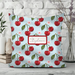 Rustic Blue Gingham And Cherries Monogram Cushion