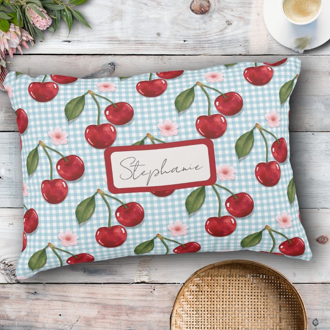 Rustic Blue Gingham And Cherries Monogram Decorative Cushion (Creator Uploaded)