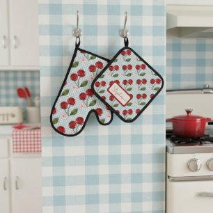 Rustic Blue Gingham And Cherries Monogram Oven Mitt & Pot Holder Set