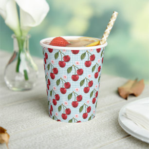 Rustic Blue Gingham And Cherries Paper Cups
