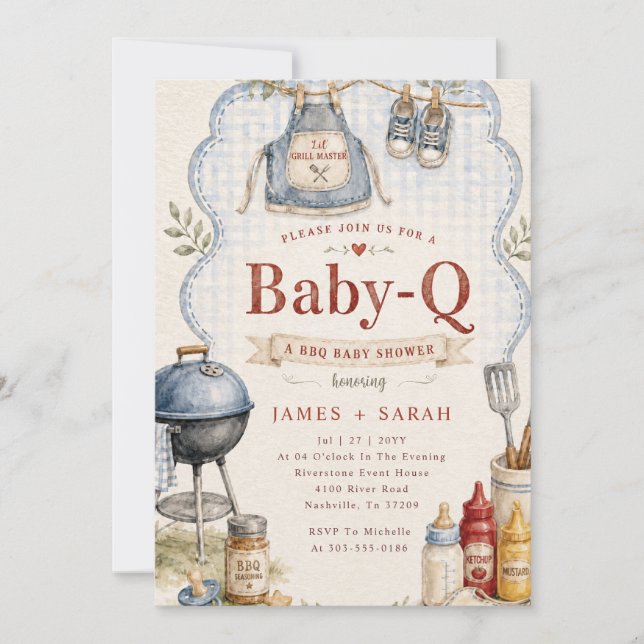 Rustic Blue Gingham Baby Q BBQ Baby Shower Invitation (Front)
