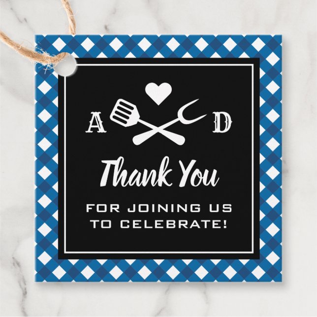 Rustic Blue Gingham BBQ Wedding Favour Tags (Front)