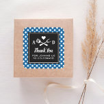 Rustic Blue Gingham BBQ Wedding Thank You Square Sticker<br><div class="desc">Wedding thank you favour stickers feature a black and white barbecue themed design with a BBQ fork and spatula grilling utensils and a heart accent. Personalise the custom monogram initials and "Thank you for joining us to celebrate!" message. Includes a navy, blue and white gingham tablecloth patterned background. Perfect for...</div>