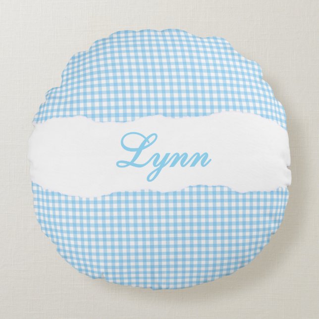 Rustic Blue Gingham Personalized Name Round Cushion (Front)