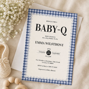 Rustic Blue Gingham Plaid Baby Shower BBQ Invitation