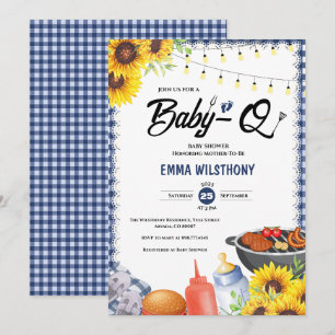 Rustic Blue Gingham Plaid Baby Shower BBQ Invitation