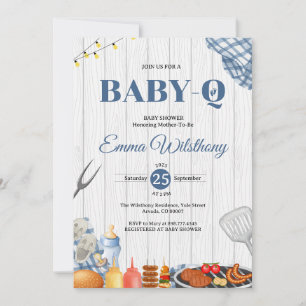 Rustic Blue Gingham Plaid babyq Baby Shower BBQ Invitation