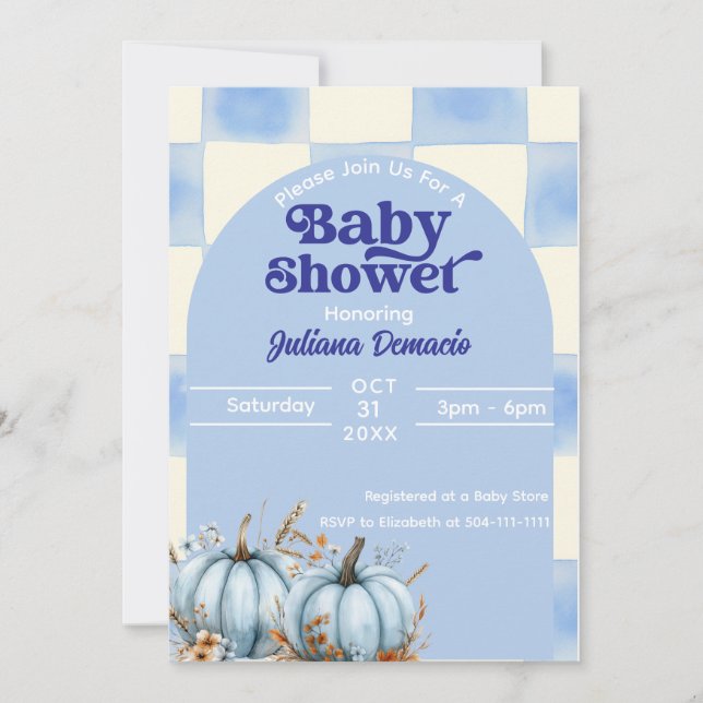 Rustic Blue Gingham Pumpkin Baby Shower Invitation (Front)