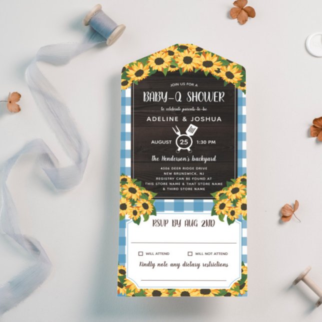 Rustic Blue Gingham Sunflowers Baby-Q Shower All In One Invitation (Creator Uploaded)