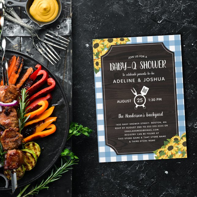 Rustic Blue Gingham Sunflowers Baby-Q Shower Invitation (Creator Uploaded)