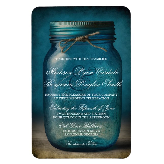 Rustic Blue Glass Mason Jar Country Wedding Invite Magnet (Vertical)