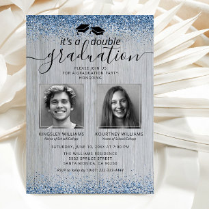 Rustic Blue Glitter Double Graduation Photo Invitation