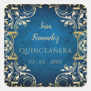 Rustic Blue Gold Elegant Quinceanera Square Sticker