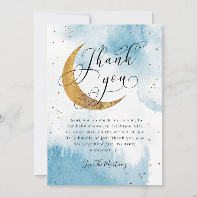 Rustic Blue Gold Moon Stars Baby Shower Thank You Card (Front)