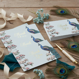 Rustic Blue & Gold Peacock Thank You Card