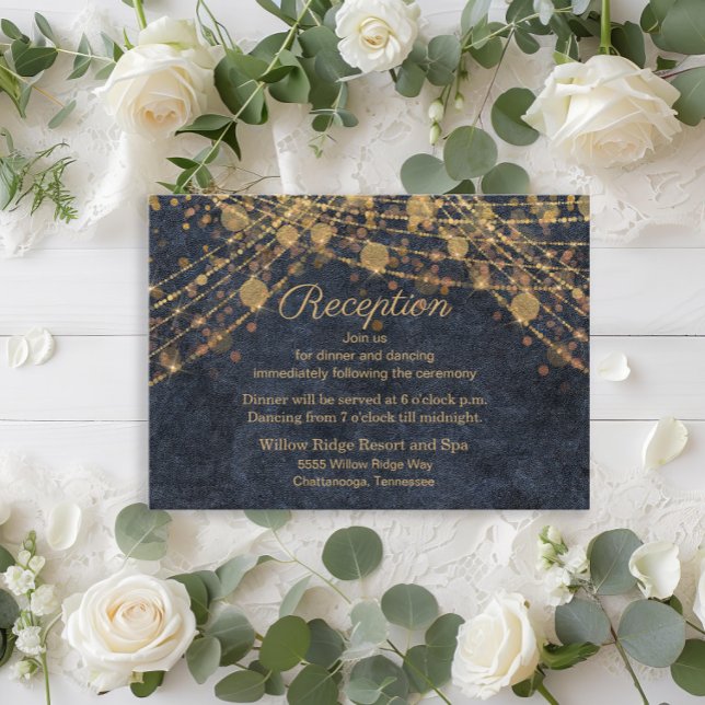 Rustic Blue Gold String Lights Wedding Reception Enclosure Card (Rustic blue gold string lights wedding reception invitation)