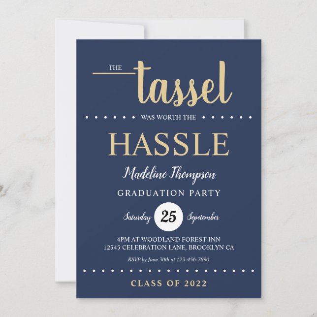 Rustic Blue Gold Tassel Script Graduation Party Invitation (Front)
