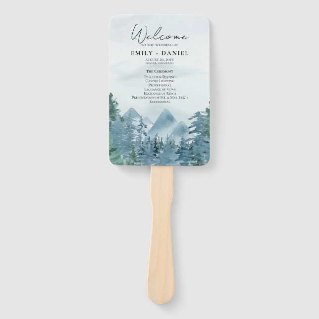Rustic Blue-Green Mountains Wedding Program Hand Fan (Front)