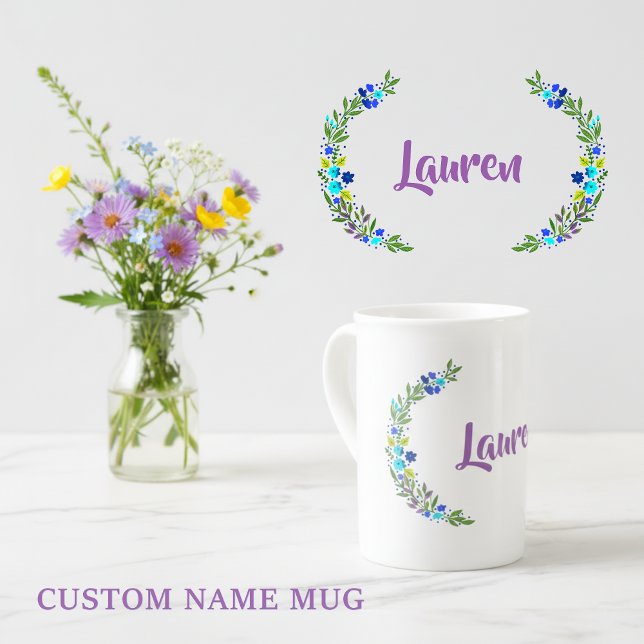 Rustic Blue Green Purple Watercolor Floral w/ Name Bone China Mug (Custom name mug with floral details!)