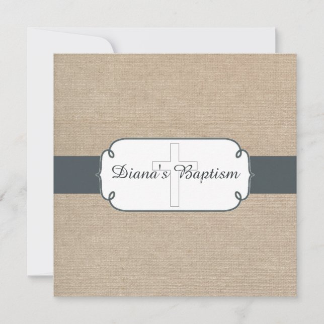 Rustic Blue Grey & Beige Burlap Baptism Invitation (Front)