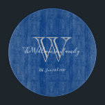 Rustic Blue Grey Monogram Initial Family Name Date Cutting Board<br><div class="desc">Personalised monogram initial with the family's last name and wedding date in white script lettering on a blue background. Rustic Blue Grey Monogram Initial Family Name Date Cutting Board. Makes a unique, cute gift for weddings, newlyweds or bridal shower gifts. Lovely for their new life together or as a housewarming...</div>