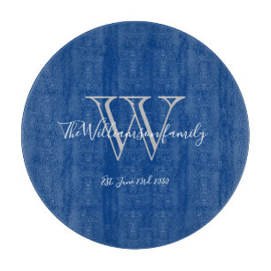 Rustic Blue Grey Monogram Initial Family Name Date Cutting Board