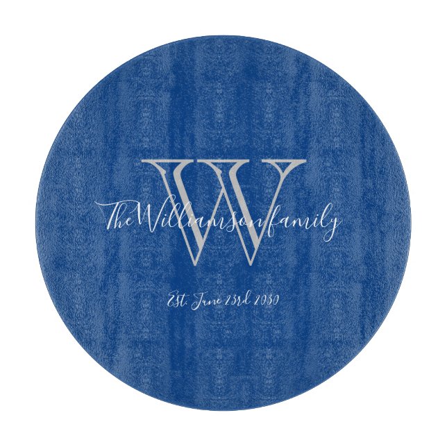 Rustic Blue Grey Monogram Initial Family Name Date Cutting Board (Front)
