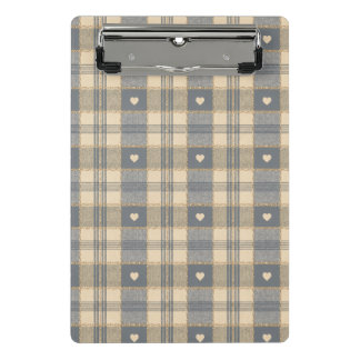 Rustic Blue Grey Plaid with Cream Hearts Pattern Mini Clipboard