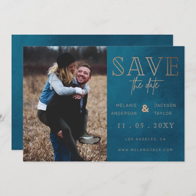 Rustic Blue Handwritten Photo Save the Date (Front/Back)