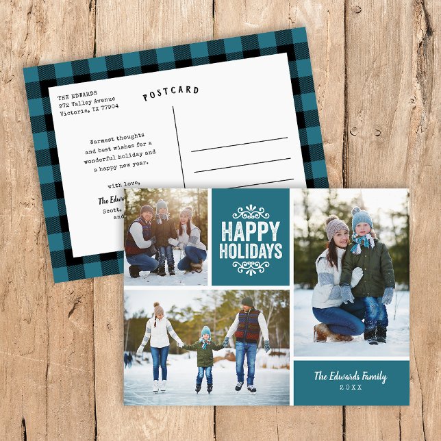 Rustic Blue Happy Holidays 3 Photo Collage Holiday Postcard (Creator Uploaded)