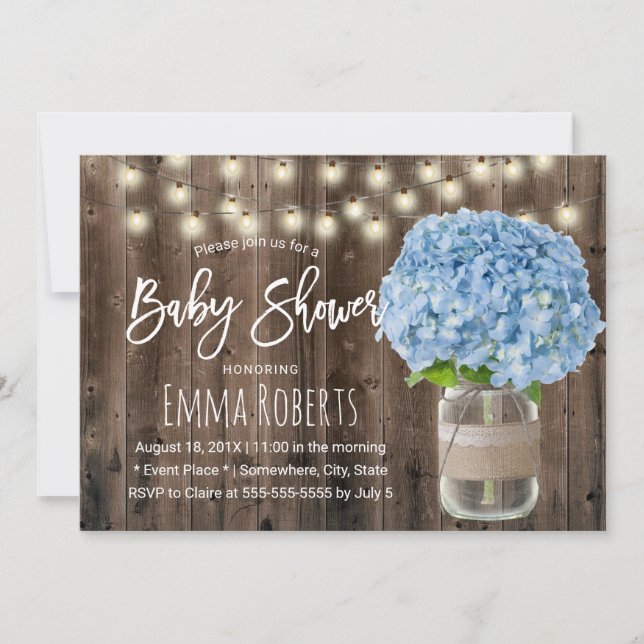 Rustic Blue Hydrangea Floral Jar Wood Baby Shower Invitation (Front)