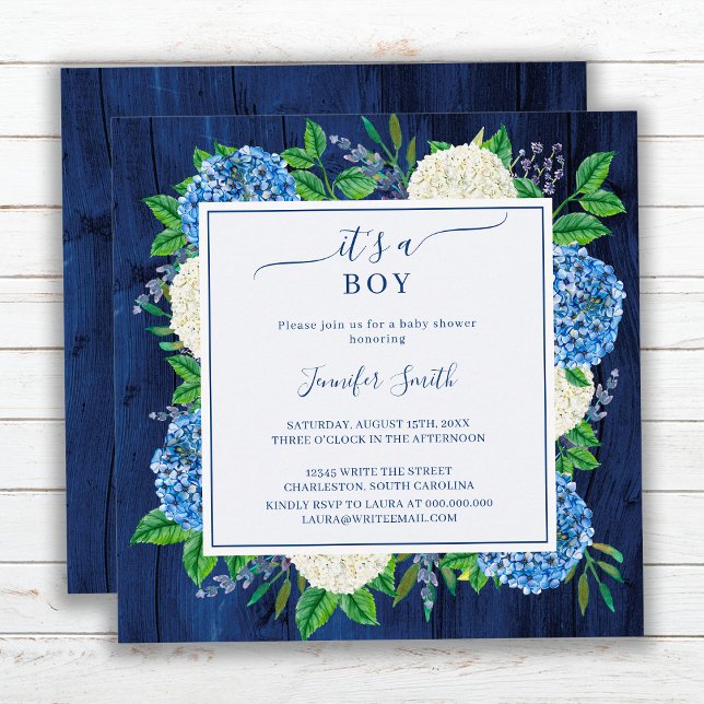 Rustic Blue Hydrangea It's A Boy Baby Shower Invitation (Creator Uploaded)