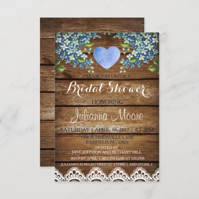 Rustic Blue Hydrangea & Lace Bridal Shower Card (Front/Back)
