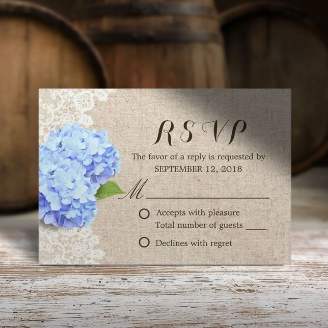 Rustic Blue Hydrangea Lace & Burlap Wedding RSVP Card (Creator Uploaded)