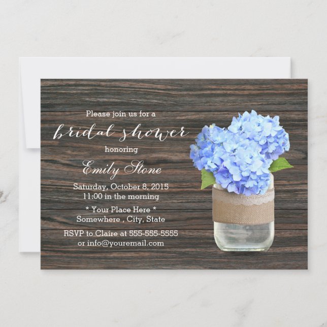 Rustic Blue Hydrangea Mason Jar Bridal Shower Invitation (Front)