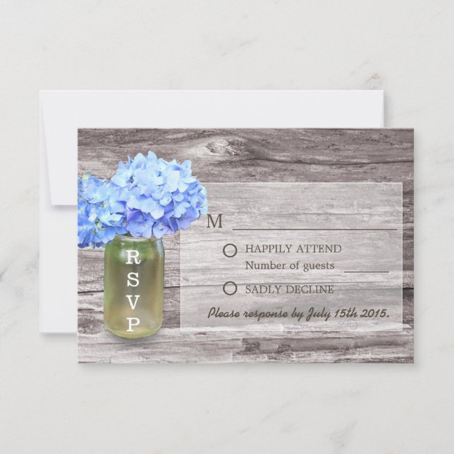 Rustic Blue Hydrangea Mason Jar Wedding RSVP (Front)