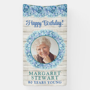 Rustic Blue Hydrangea Photo 80th Birthday Banner