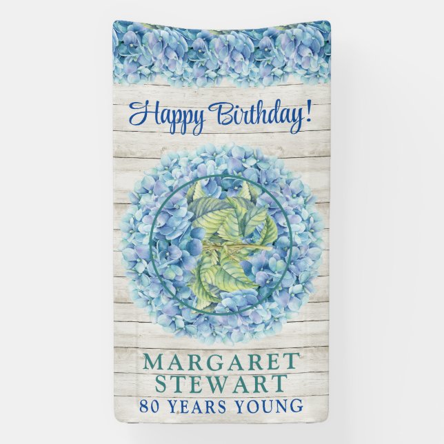 Rustic Blue Hydrangea Photo 80th Birthday Banner (Vertical)
