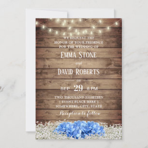 Rustic Blue Hydrangea & String Lights Wedding Invitation