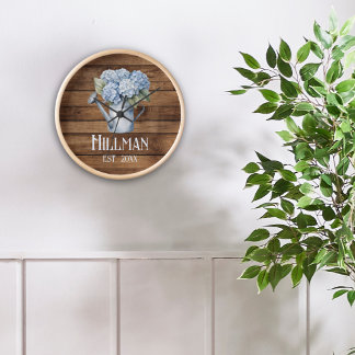 Rustic Blue Hydrangea Watering Can Personalised  Clock