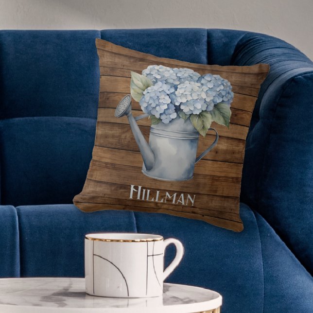 Rustic Blue Hydrangea Watering Can Personalised  Cushion (Rustic Blue Hydrangea Watering Can Personalized Throw Pillow
)